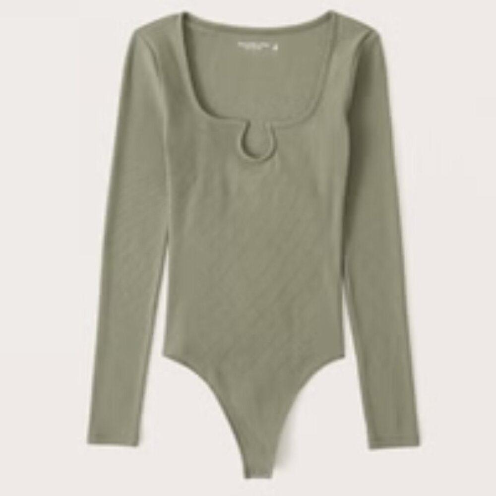 Abercrombie & Fitch Ribbed Notch-Neck thong Bodysuit long sleeve Olive Size XL